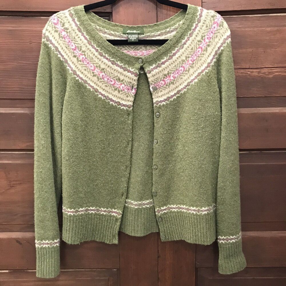 Eddie Bauer Wool Cardigan Sweater Womens Medium Pink Green Cozy